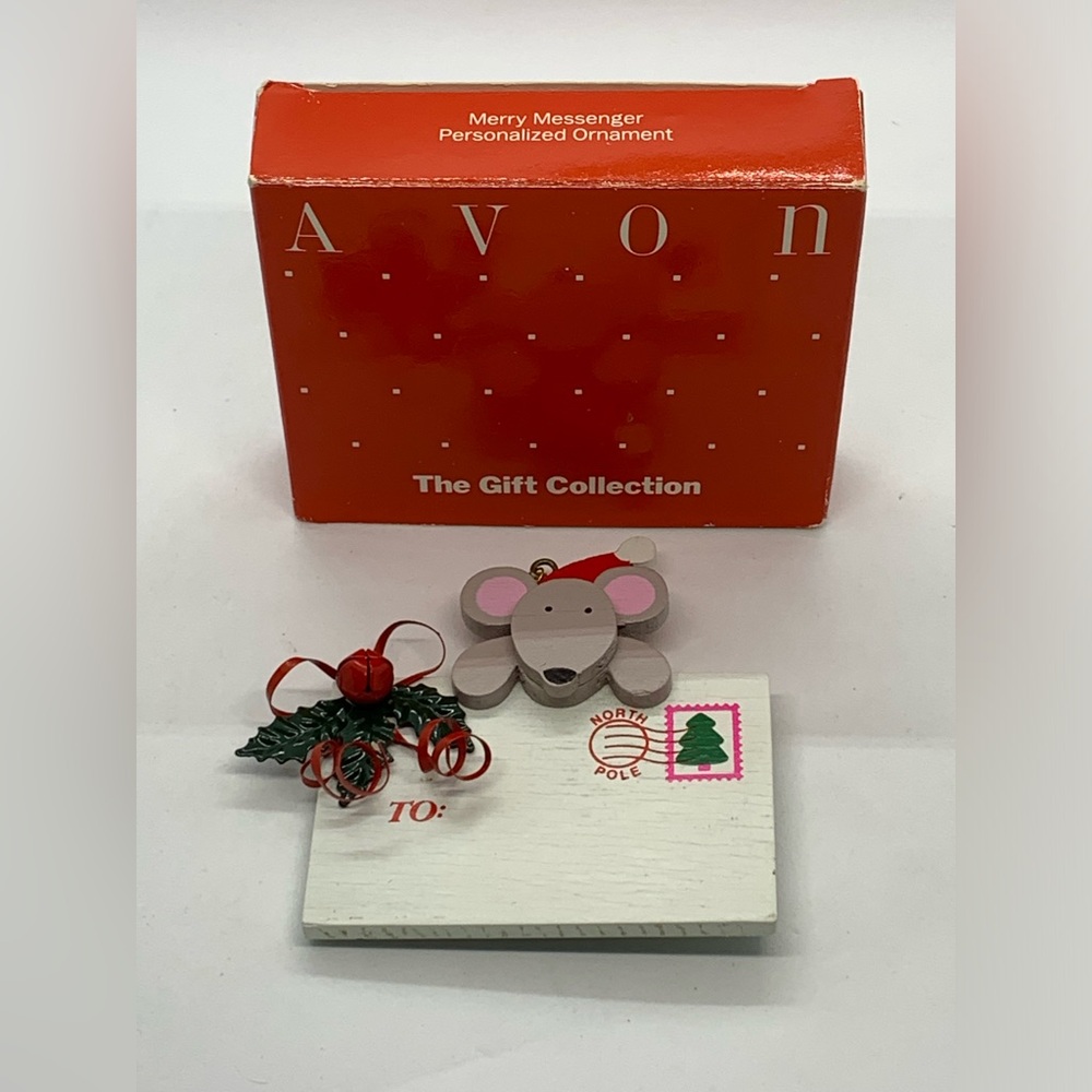 Vintage AVON Merry Messenger Personalized Ornament Painted Wood Original Box